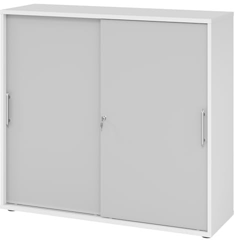 bümö Schiebetürenschrank 3OH - Aktenschrank abschließbar, Sideboard Schrank mit Schiebetüren in Weiß/Grau, Relinggriff - Büroschrank aus Holz mit Schiebetür, Büro Kommode für Ordner & Co.
