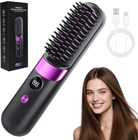 Glättbürste Kabellos, Haarbürste Elektrisch, Stylingbürste für Kurze Langes Haare Damen, Haarglätter Bürste Tragbare mit 4 Wärmestufen, Hair Straightener für Reisen Täglichen Gebrauch