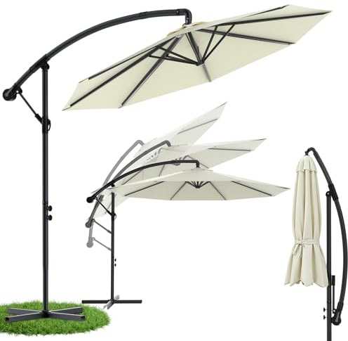 Ferghana Parasol de Jardin Exterieur 3.5M,Parasol Déporté Hexagonale Balcon avec Manivelle et Pied,Inclinable ，Protection UV 50+,Résistant au Vent,8 Baleines en Acier， Fonction 360°，Beige
