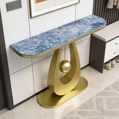 HPIRFYE Table D’appoint Contemporaine en Pierre Frittée, Cadre en U avec Sphère Suspendue, Structure en Acier Carbone Renforcé, Montage Facile, pour Salon, Hall Ou Entrée(Blue+Gold,150cm)