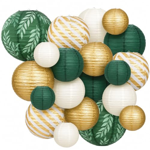 Forhandy 20pcs Papier Lampions Salbeigrün, Runde Lampion (Ø 15/20/25/30cm) | Wiederverwendbar Papierlaterne Deko Papier Lampions Grün Gold Elfenbeinweiß für Hochzeit Geburtstag Gartenparty