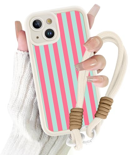 Paovkoi Funda con Cuerda para iPhone 13, Aesthetic Stripes Striped Verano Rosa Silicona TPU Carcasa con Cordon Colgar Collar Correa de Cuello Cadena Colgante, Case para iPhone 13 6,1'' - 02