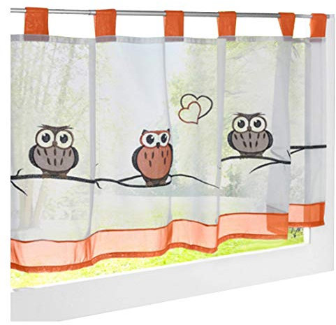 LiYa Bistrogardine Mit Eule Bestickt Voile Transparent Scheibengardine für Küchen Vorhang (HxB 60x120cm, Orange)