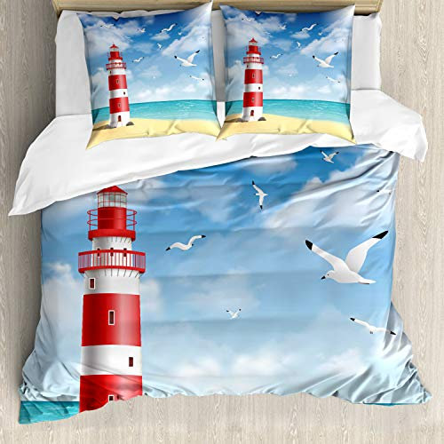 ABAKUHAUS Strand Bettbezugs Set Für Doppelbetten, Leuchtturm Möwen Ozean, Milbensicher Allergiker geeignet mit Kissenbezügen, Vermilion Blau