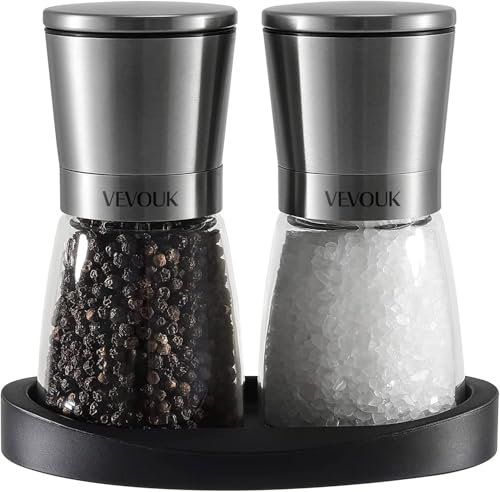 Vevok Chef Salz und Pfeffer Mühle 2er Set mit Ständer I aus hochwertigem Edelstahl I Keramikmahlwerk - Stufenlos einstellbar I Salzmühle, Chilimühle, Pfeffermühle, Gewürzmühlen für Zuhause