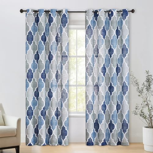 Beauoop Vorhänge mit Ösen, marokkanischer Fliesen-Druck, 213 cm, lang, Vierpass, geometrisch, leinenähnlich, halbdurchsichtig, Vorhang, Fensterbehandlungs-Set für Wohnzimmer, 127x213 cm, blau/grau