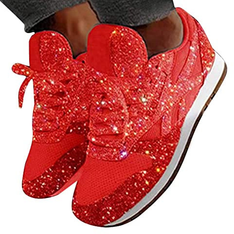 Osheoiso Damen Pailletten Sneaker Flach Schuhe Freizeit Laufschuhe Bequeme Sneakers Sportschuhe Outdoor Walkingschuhe Rot 41 EU