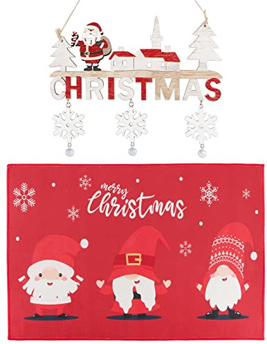 FLOFIA 2Kit Felpudo Navidad 40*60cm Kit Cartel Madera de Navidad Puerta, Alfombra Navidad Entrada Puerta Cocina Casa, Felpudo Entrada Exterior, Letrero Colgante Madera para Puerta (Cartel + Felpudo)