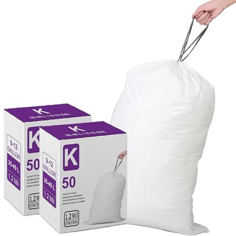 Code K 2 Packs(100 Count Total) 9-12 Gallon Heavy Duty 1.2 Mil THICK Plastic Trash Bags with Reinforced Drawstring Compatible with simpleman Code K White Garbage Can Liners Leak-Proof & Tear Resistant