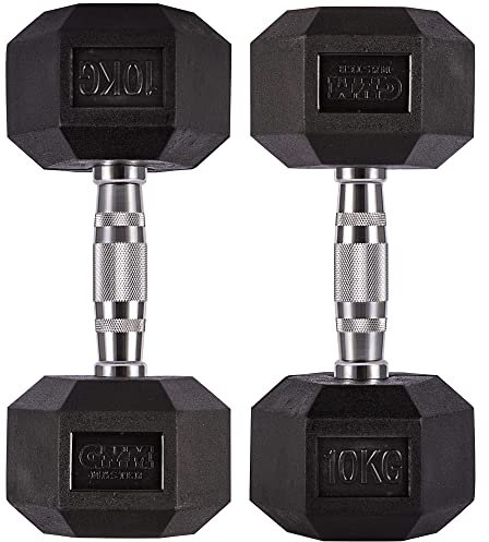 GYM MASTER Hex Dumbbells - Rubber Encased Cast Iron Hand Weights and Optional 3 Tier Rack - Pair of 10KG (20KG Total)