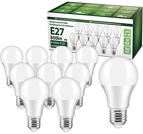 OGADA LED Glühbirne, 9W LED Lampe, E27 Led Warmweiss, 3000K, A60 Leuchtmittel, 800 Lumen, Ersatz 60W Halogen, 10 Stück, 19049, Warmweiß
