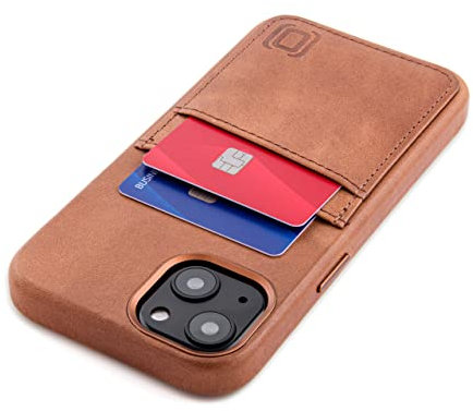 Dockem Genuine Leather Card Case for iPhone 13 with Built-in Metal Plate for Magnetic Mounting, Stitched-on Wallet with 2 Credit Card Holders, 6.1 M2GL [Light Brown]