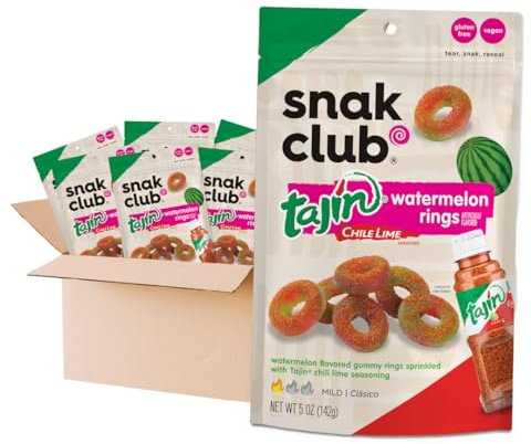 Snak Club Tajin Anneaux de pastèque, collations gélifiées sucrées et épicées au chili et au citron vert, douces en chaleur et saveur audacieuse, collation sans gluten, sac refermable de 141,7 g