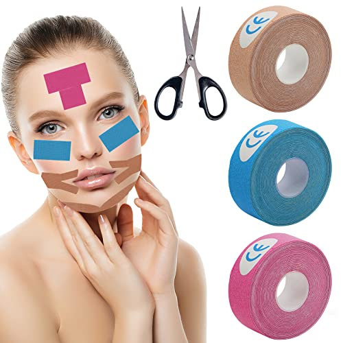 SPOKKI 3 Rollen Face Lifting Tape, 2,5cm x 5m Gesichtstape Gegen Falten Face Tape Myofasziales Gesichtstraffungsband Facial Patches für Straffung und Straffung der Haut Lifting Tape Gesicht