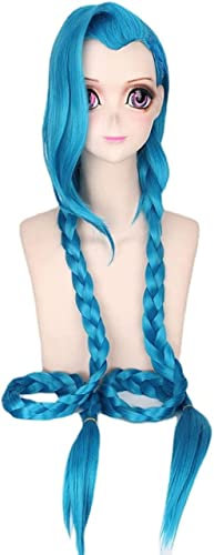 ydound Wig Anime Cosplay Lange Blaue geflochtene Perücke for Jinx Cosplay Perücke mit Pony Anime Spiel Haarperücke mit Zöpfen Zöpfen for Frauen Mädchen inklusive Kappe