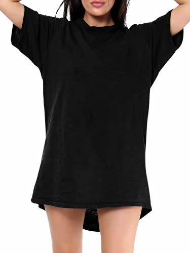 Love My Fashions® Women’s Plain Cotton Night Wear Long T-shirt soft and comfy Nightdress for ladies With Front Pocket Crew Neck Short Sleeves Nightie Sleepwear Top plus Black