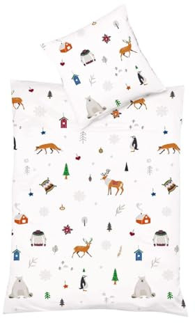 fleuresse Mako Satin Bettwäsche Milano 2tlg. 135x200cm Winter Pinguin Fuchs Eisbär Grau Weiß, Farbe:Weiß