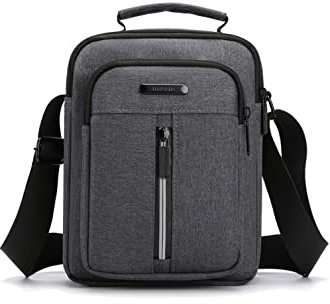 Pawleso Kleine Umhängetasche für Herren, 23cm, 3L, 5 Reißverschlüssen, 2 Haupttaschen, Stauraum 0,33L kleine Wasserflasche und Faltschirm, Wasserdichte Herrentasche Grau