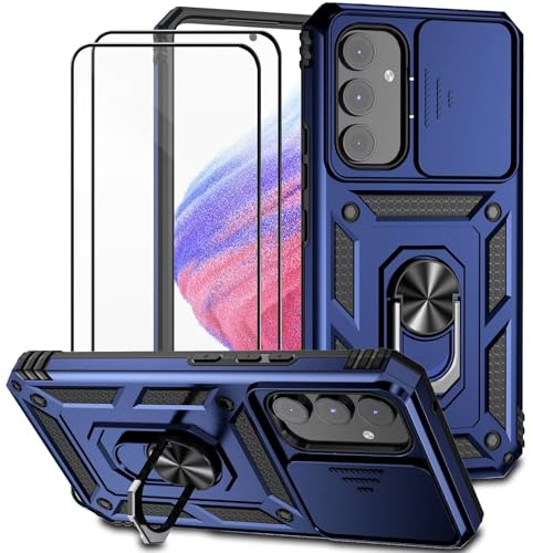Dechyi Coque pour Samsung Galaxy A54 5G avec Verre TrempéLentille Coulissante Couverture Support d’Anneau Rotatif Armor Silicone Étui Antichoc Housse Bumper- Bleu