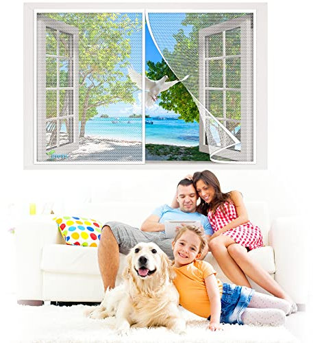 Fliegengitter Fenster InsektenschutzFenster Insektenschutzrollo SchiebeFenster, 130 x 60 cm mit Full Frame Klettverschluss & Eingenähten Gewichten, Bausatz【Weiß】