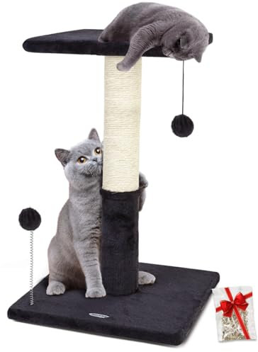 Happi N Pets Kratzbaum mit Plattform, Sisal-Kratzbaum für Indoor-Katzen, mit hängenden Bällen und gemütlicher Sitzstange, stabile Kratzbäume für Kätzchen, Rauchgrau