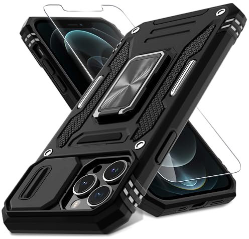 DEERLAMN Case for iPhone 13 Pro Max with Slide Camera Cover+Screen Protector(1 Pack),Rotated Ring Kickstand Military Grade Shockproof Protective Cover 6.7 Inch-Black