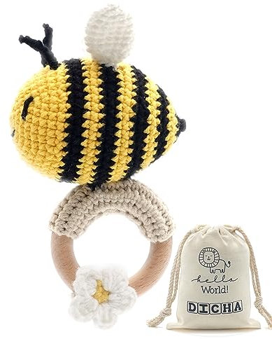DICHA Crochet Bee Baby Rassel - Sensorisches Spielzeug für Babys - Ideal für Babyparty - Inklusive Beißring aus Buche