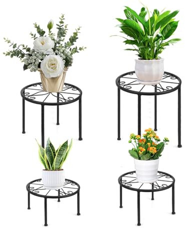 LEUTED Blumenständer 4-in-1 Set, Blumenhocker Metall für Innen Außen, Pflanzenhocker für Balkone Innenhöfe Gärten, Pflanzständer Blumenregal Indoor Outdoor Deko - Verschieden Höhe (Schwarz)