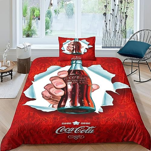 GIOSBR Coca - Cola Für Kinder Mädchen Jungen Bettbezug Set Bettwäschegarnitur 3D Gedruckter Reissverschluss Bettwäsche Und Kissenbezüge Weich Microfaser 2 Teilig Single(135x200cm)