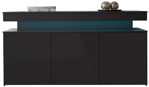 Mirjan24 Kommode Serkuzo 3D 160 mit 3-Türen, Blauer LED (Schwarz Hochglanz) | Grifflose Türkommode mit 6 Innenfächern, Push-to-open-System und Soft-Close-System, B/H/T: 160/83/39 cm