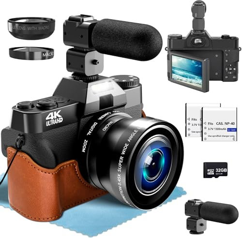 4K Fotocamera Digitale per la fotografia con microfono esterno regolabile, 56MP Videocamera Vlogging, obiettivo grandangolare e Macro da 52 mm, con schermo ribaltabile a 180°, scheda TF da 32 GB