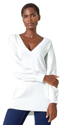 Roman Originals V-Neck Jumper for Women UK Ladies Boyfriend Fit Slouch Sweater Winter Autumn Textured Casual Flattering Knit Pullover Knitwear Daywear Lightweight Lounge - Ivory - Size 18