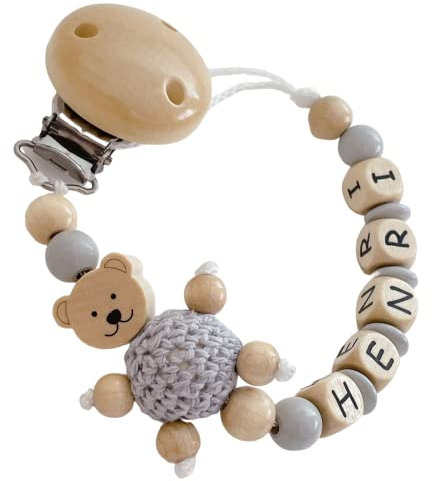 personalisierte Kette mit Namen für für Mädchen oder Junge in Natur Holz Blau Rosa Grau Baby Geschenk (Grau)