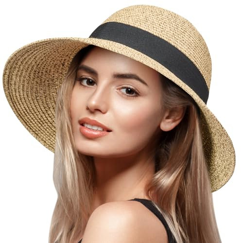 VIFUUR Damen Strohhüte Breiter Rand Sommervisier Strand Sonnenhut Verpackbare UPF UV Faltbare Reise Beige/Coffee M/L