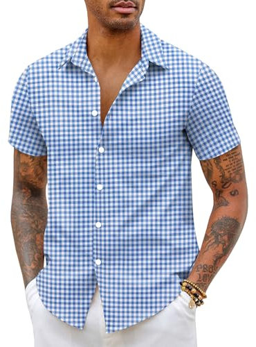 COOFANDY Chemise à manches courtes pour homme - Élastique - Coupe ajustée - Facile à repasser - Chemise d'affaires d'été - Couleur unie - T-shirt basique pour homme, Carreaux - Bleu clair, XXL