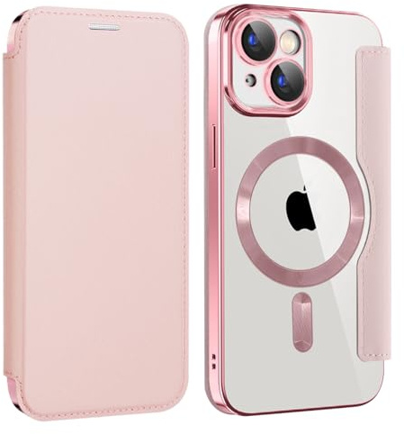 Unichthy Magnetic Phone Case for iPhone 15 Flip Clear Cover，Pink | Strong Magnetic Attachment, RFID Blocking Card Holder, Shockproof PU Leather TPU Back, Individual Protection for Each Lens