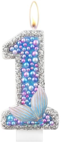 mciskin Mermaid Tail Birthday Candle, Number 1 Candle, Purple Blue, Flashing, Odorless, Smoke-Free, Mermaid Theme, Birthday Cake Decoration
