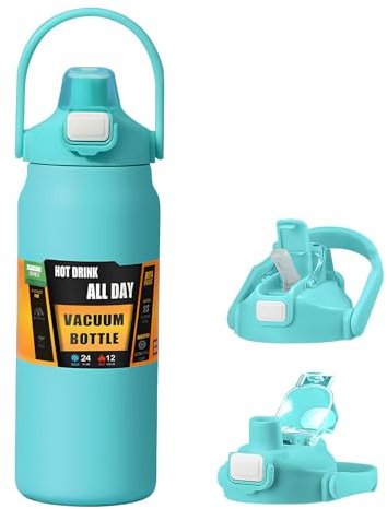GJV Borraccia termica da 1500 ml, con cannuccia e coperchio a tenuta stagna, in acciaio inox, senza BPA, a bocca larga, con manico portatile, a doppia parete, mantiene freddo e caldo (verde)