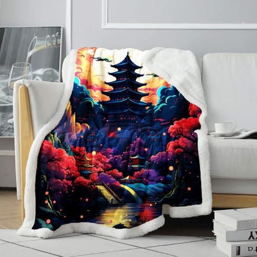 KGUHVFTK Sherpa-Wolldecke, Bunte traditionelle Pagoden-Digitaldruckdecke, weiche Decke, geeignet für Schlafsofa/draußen, Deckengeschenk. Größe: 130x150cm