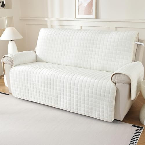 Royhom Flanell Sofa Überzug Waschbar Sofabezug 4 Sitzer, Sofaschoner rutschfest für Leder-Couch und Stoffsofas, Weicher Couch Überzug Mit Verstellbarem Elastischer Riemen (Quadrat, Weiß)