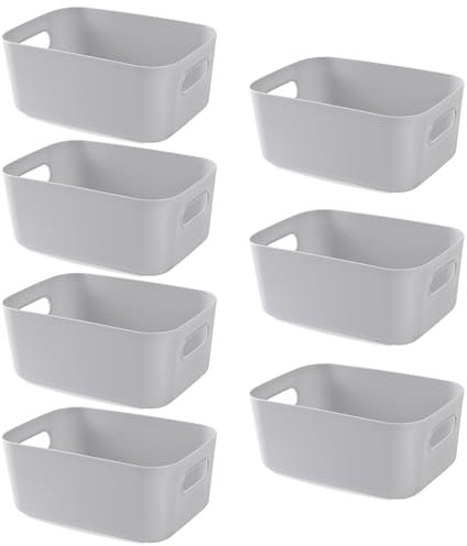 HapiLeap Plastic Storage Boxes, Multiple Colour Organisation Storage Baskets for Kitchen, Cupboard, Office, Bathroom, Toy, Home Tidy Open Storage Bins with Handles (Grey (7 Pack))