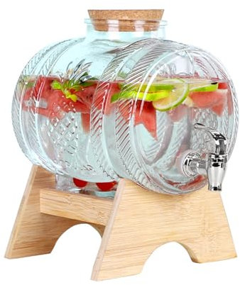 Inscrip Getränkespender aus Glas, Glas-Getränkespender mit auslaufsicherem Zapfhahn, Getränkespender Fass mit Holzständer, Kaltgetränkekesselbehälter für Kühlschrank, Eistee, Limonade,Bar, Party (3L)