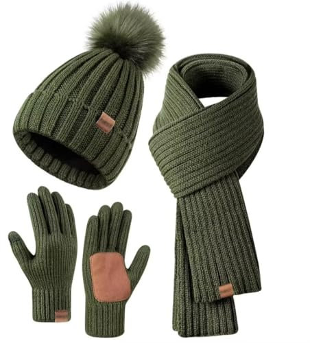 Tielag Mütze, Schal & Handschuh 3 Set für Damen, Damen Winter Warm Beanie Mütze mit Bommel Fleece Gefütterte, Touchscreen Handschuhe Schal Wärmer Mütze Damen, Grün