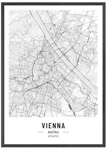 JUNOMI® Wien Poster DIN A3 mit Rahmen Schwarz, DIN A3 Wohnzimmer Deko, Modernes Wandbild, Wien Bild, Wandbild mit Rahmen, Stadtplan Poster Wien, perfekte Geschenkidee für Wiener