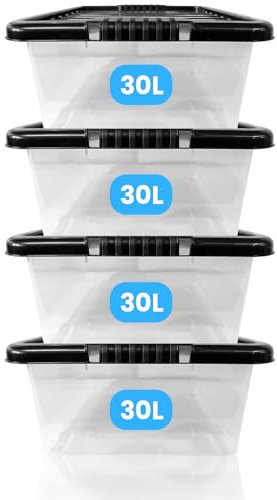 KAPCO 4 x 30L Under Bed Storage Box with Black Lid | Medium, Stackable, Multipurpose Clear Plastic Storage Boxes for Home & Office | Ideal Underbed Storage Tubs | 50 x 40 x 18cm | 30 Litre