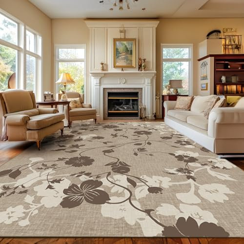 BSGIFT Teppich Waschbar 200x300, Vintage Blumen Teppich Groß, Kurzflor & rutschfest für Wohnzimmer Schlafzimmer Küche Esszimmer, Aesthetic Teppiche Braun