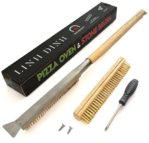 Linh Dinh Cepillo para horno de pizza de 22 a 26 pulgadas con raspador, cepillo de piedra de pizza de mango largo 2 en 1, cepillo de pizza de cerdas de cobre resistente al calor, cepillo de limpieza