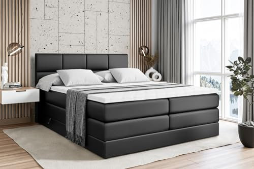 ALTDECOR Boxspringbett mit H3 Matratze-Bonellfederung, H4 Multipocket-Matratze (20 cm hoch) PUR, Topper (5 cm hoch), Polsterbett mit Kopfteil und Bettkasten - ARDENI King - 200x200-Schwarz Kunstleder