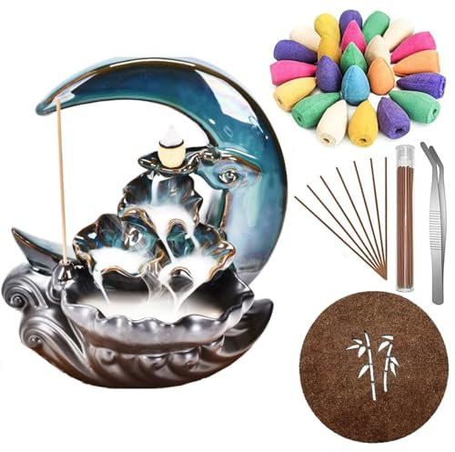 Severnier Räucher rückfluss Wasserfall, Räuchergefäss rückfluss, mit 50 räucherkegeln + 30 räucherstäbchen, Keramik Rückfluss räucherkegel Halter für Heimdekoration (Grün)