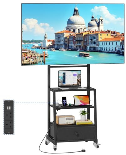 TV Stand on Wheels with Mount and Power Outlets, Rolling TV Stand Adjustable Height & Drawer Storage, for Bedroom, Living Room, Home Gym, Black (VESA 600mm x 400mm)
